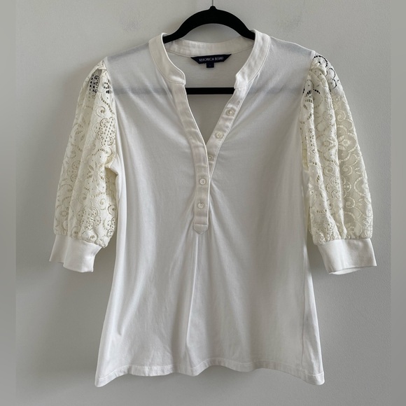 Veronica Beard Coralee Floral Lace Puff Sleeve Split Neck Top Small Off White - Picture 3 of 11